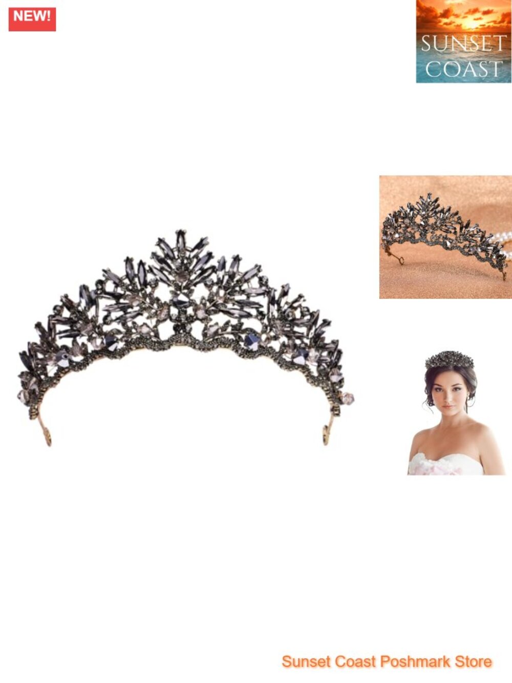 Vintage Gothic Baroque Headband Crown with Black Rhinestones for Halloween Prom
